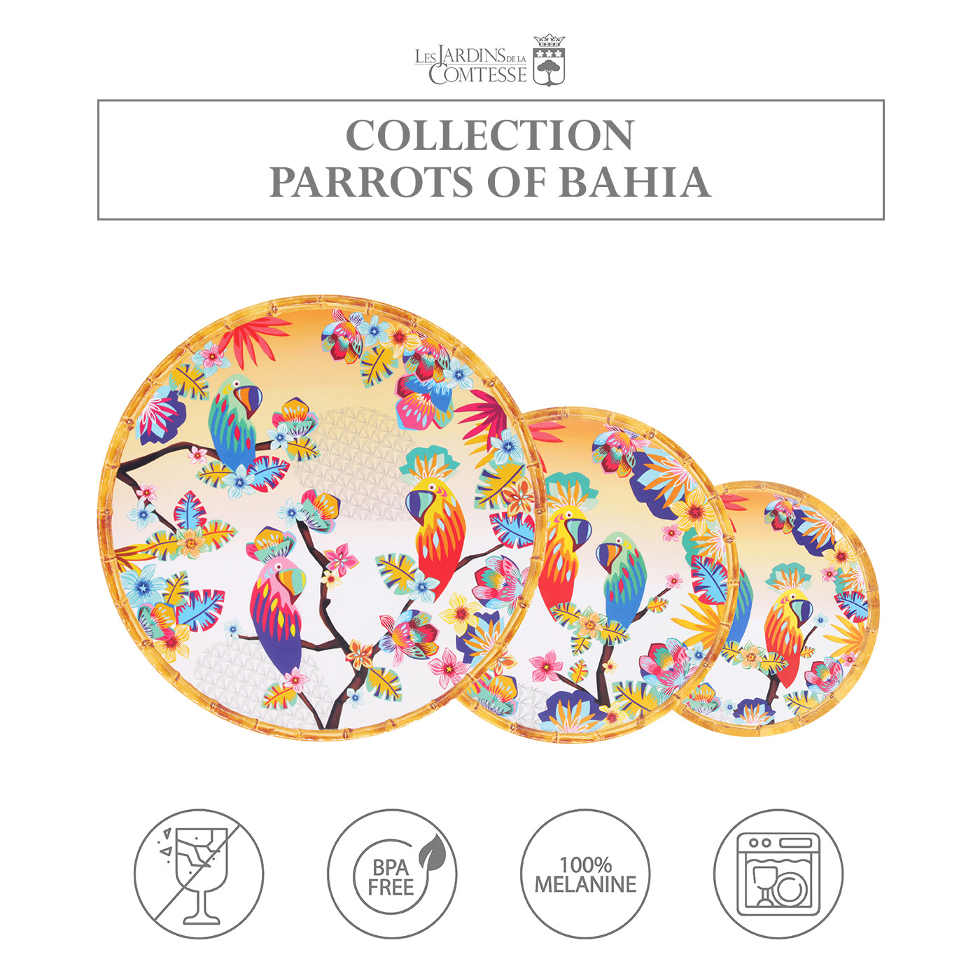 Round melamine serving dish with parrots - Ø 35,5 cm