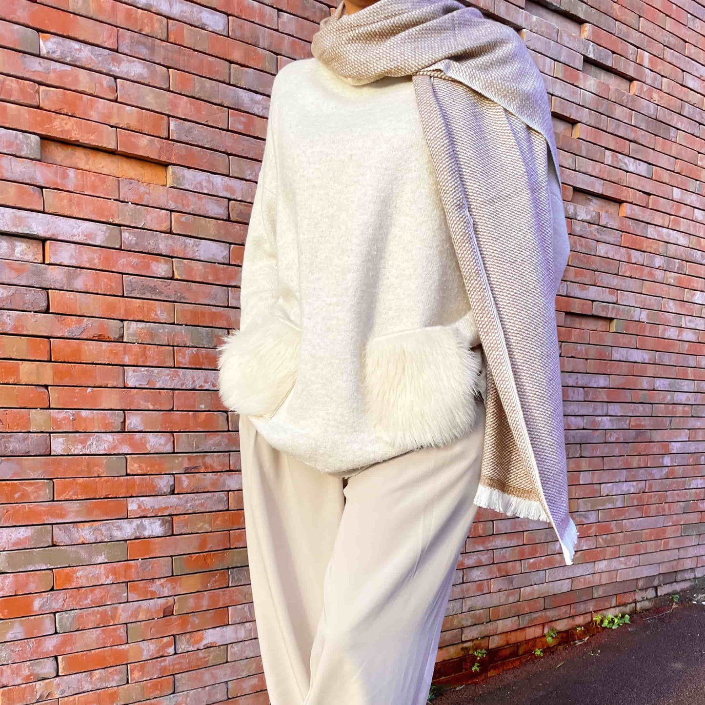Men's & Women's Cashmere & Wool Scarf 40 x 190 cm - Brown / White