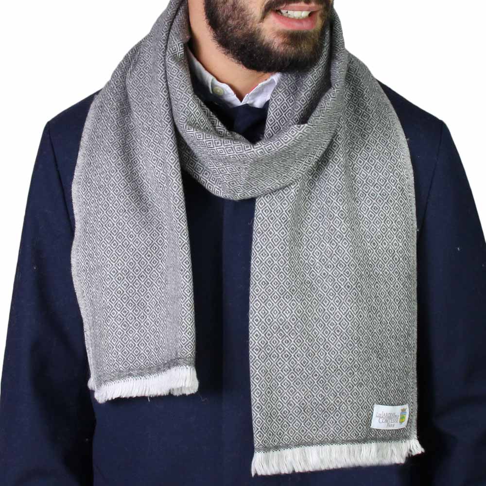 Men's anthracite grey cashmere and wool scarf - Diamond pattern