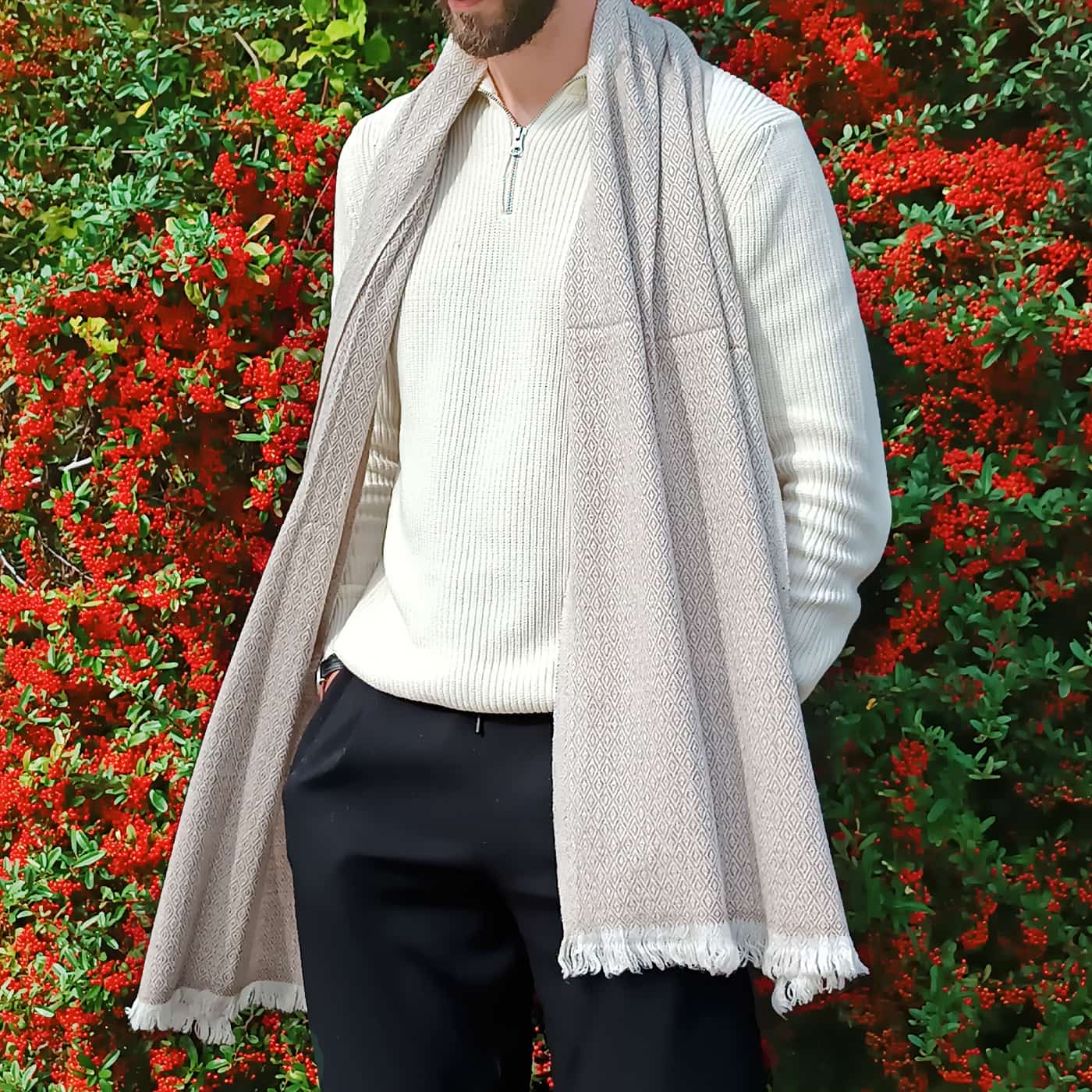 Men's chestnut cashmere and wool scarf - Diamond pattern