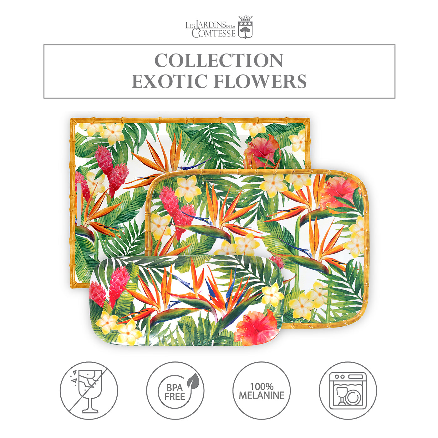 Large melamine tray with handles exotic flower design - 50 x 36 x 5 cm