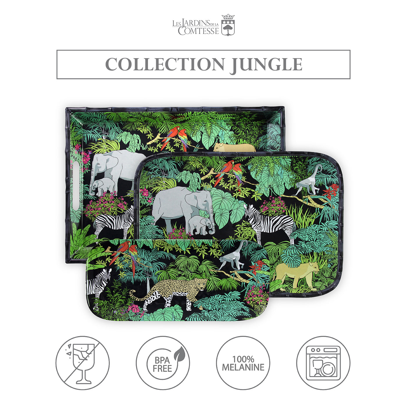 Large black melamine tray with handles - 50 x 36 x 5 cm