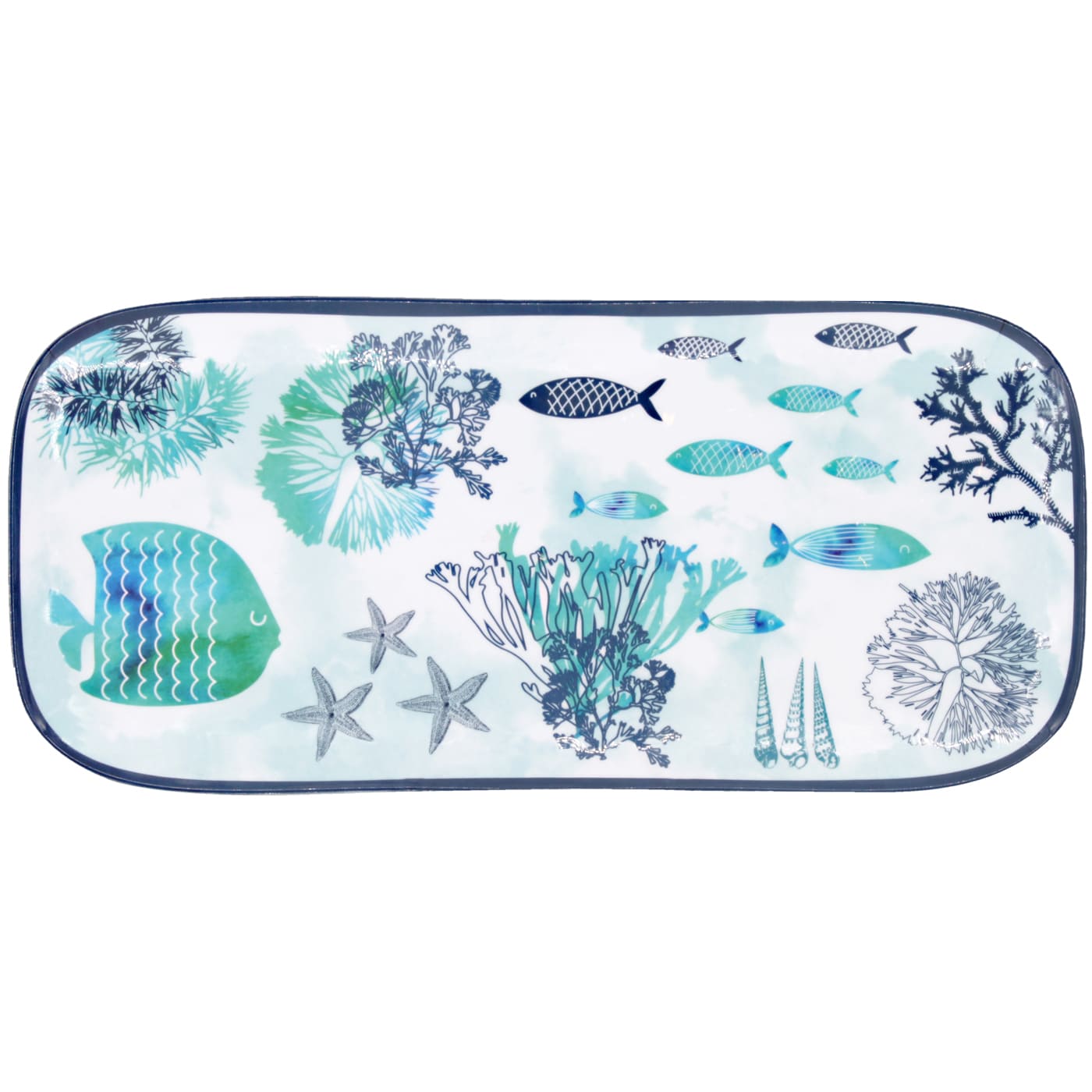 Large rectangular platter in melamine with sea design - 37,5 x 17 cm