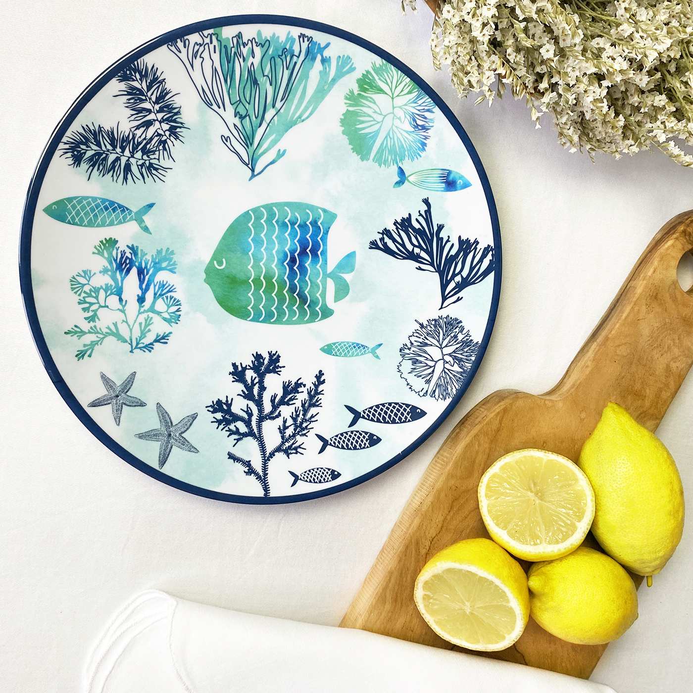 Large dinner plate in melamine with sea design - Ø 26,5 cm