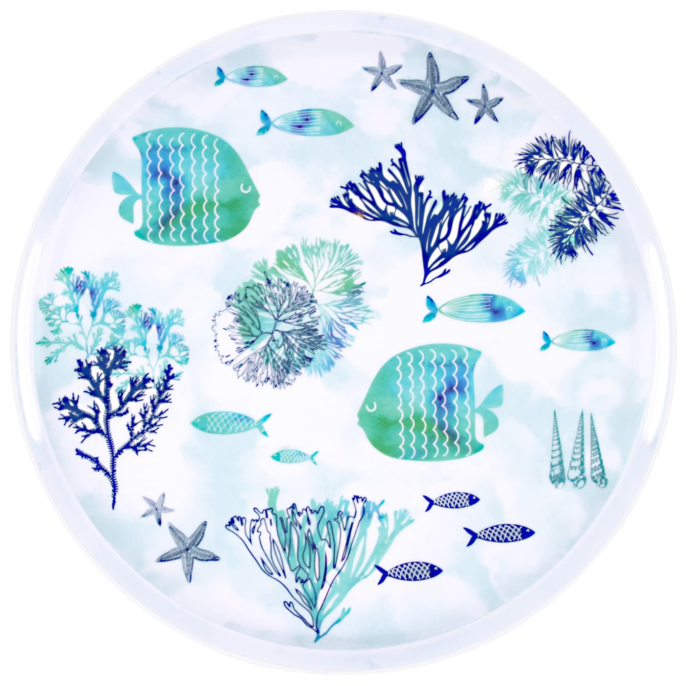 Round tray with handles in melamine with sea design - Ø 36 cm