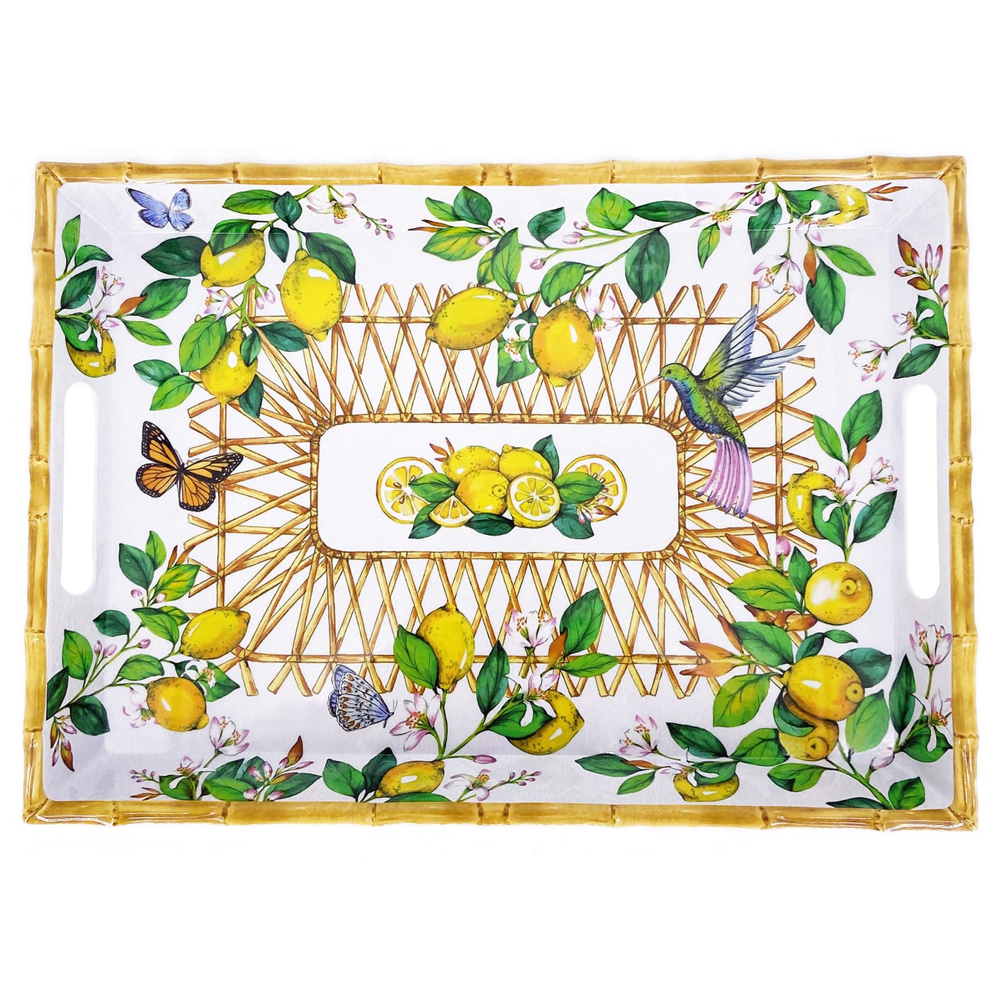 Large melamine tray with handles - lemon design - 50 x 36 x 5 cm