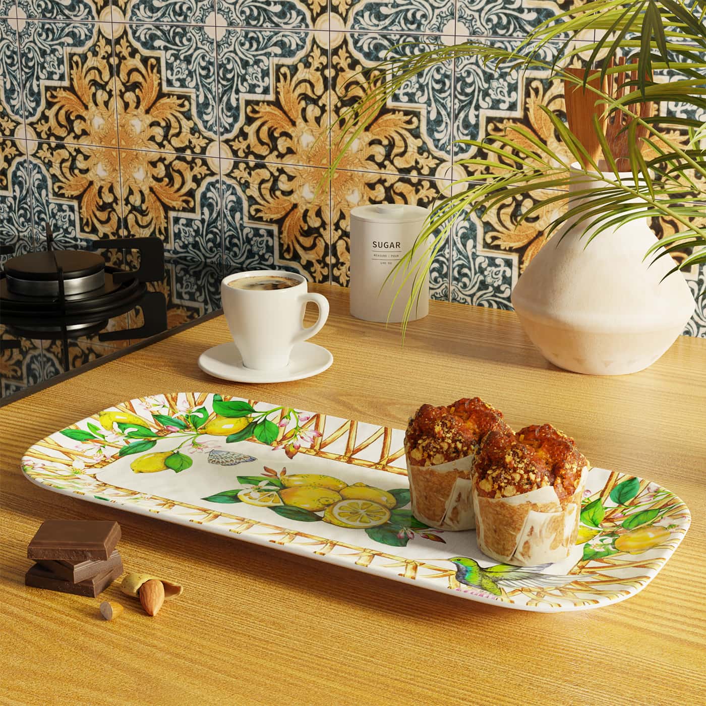 Large rectangular platter in melamine with lemons - 37,5 x 17 cm