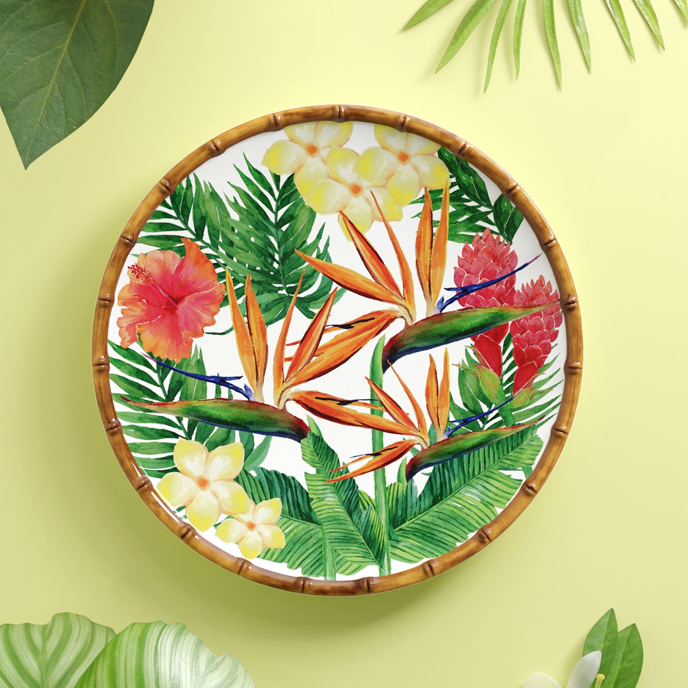 Large dinner plate in melamine with exotic flowers - Ø 28 cm