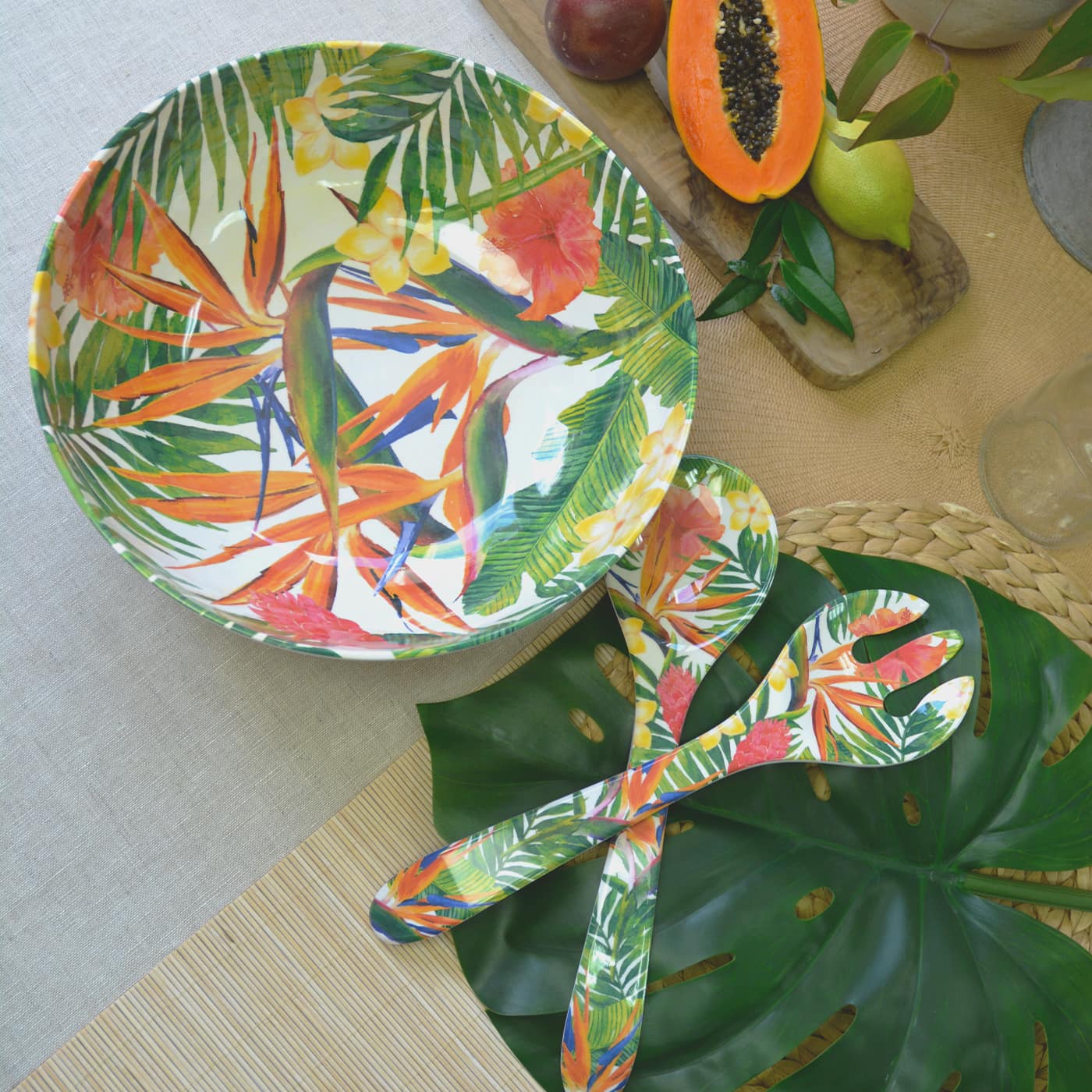 Large salad bowl in melamine with exotic flowers - Ø 31 cm