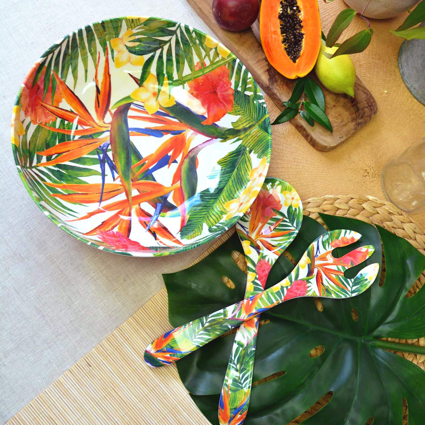 Large salad bowl in melamine with exotic flowers - Ø 31 cm