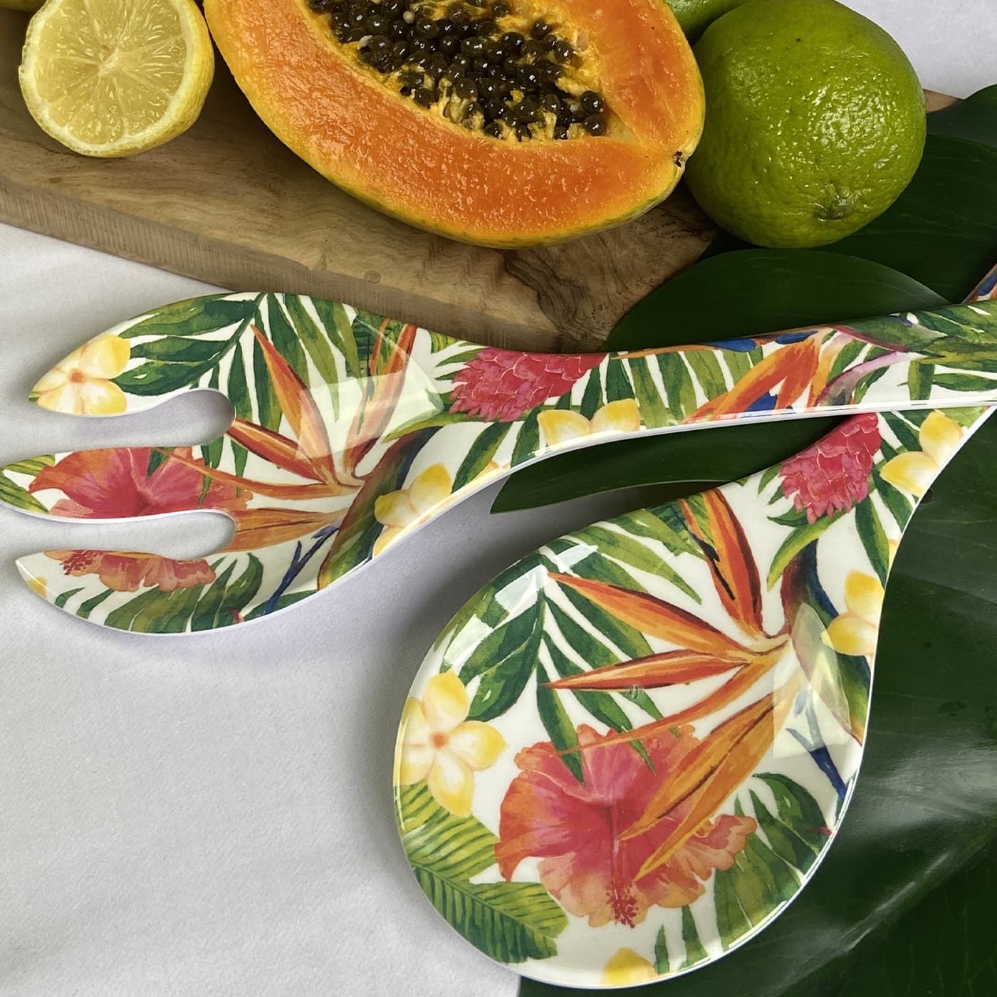Salad servers in melamine with exotic flowers - 33 cm