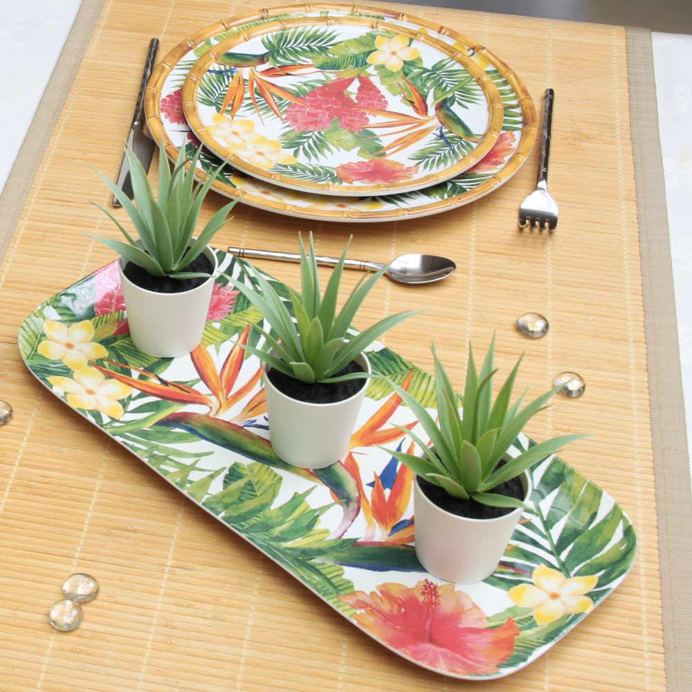 Large rectangular platter in melamine with exotic flowers - 37,5 x 17 cm