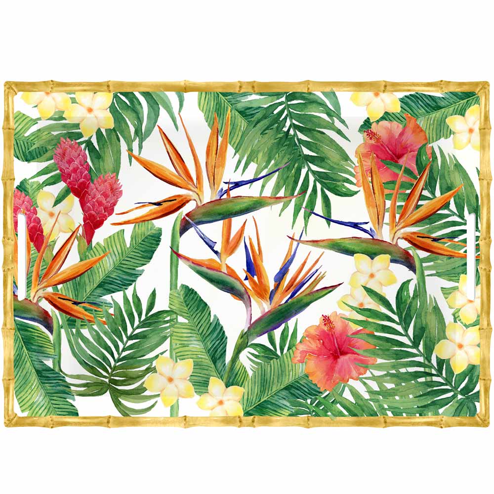 Large melamine tray with handles exotic flower design - 50 x 36 x 5 cm