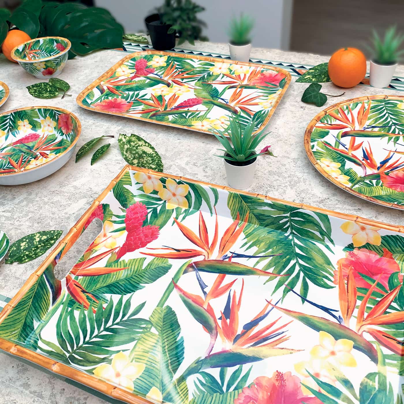 Large melamine tray with handles exotic flower design - 50 x 36 x 5 cm