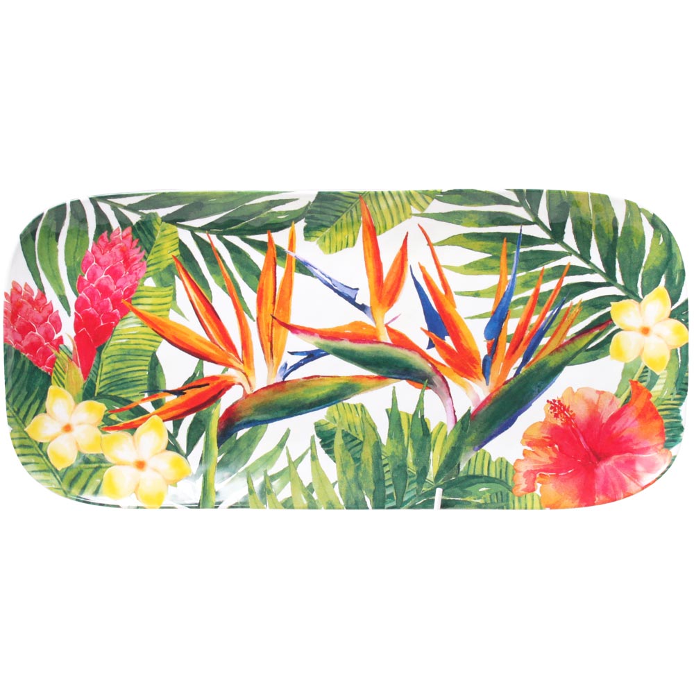 Large rectangular platter in melamine with exotic flowers - 37,5 x 17 cm