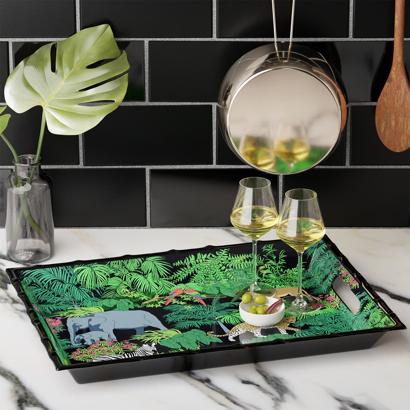 Large black melamine tray with handles - 50 x 36 x 5 cm