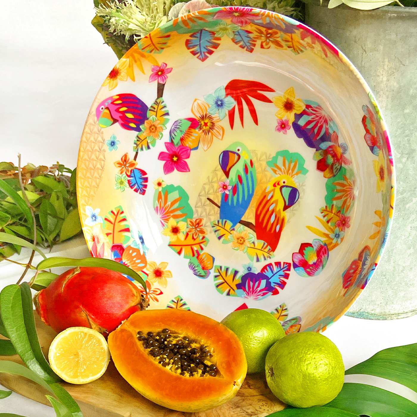 Large salad bowl in melamine with parrots - Ø 31 cm