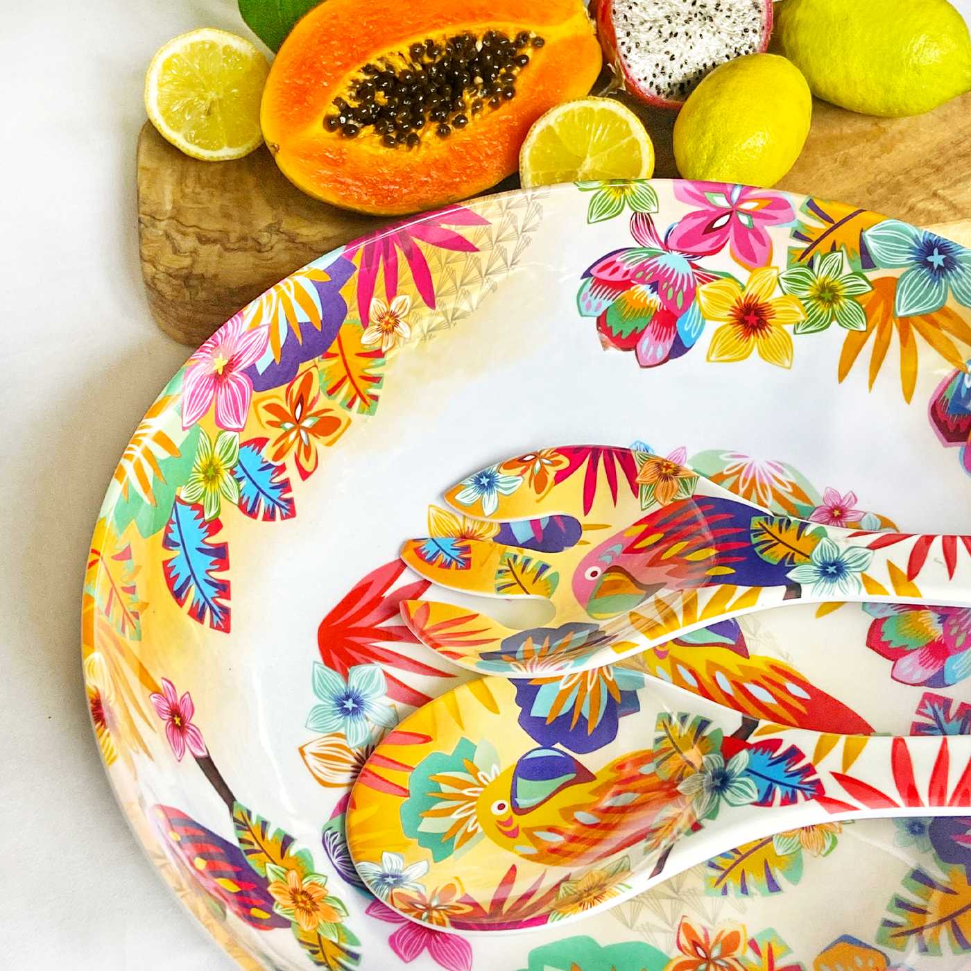 Large salad bowl in melamine with parrots - Ø 31 cm