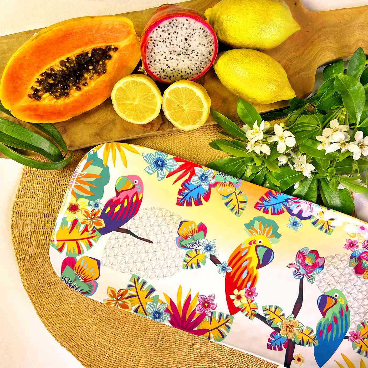 Large rectangular platter in melamine with toucans - 37,5 x 17 cm