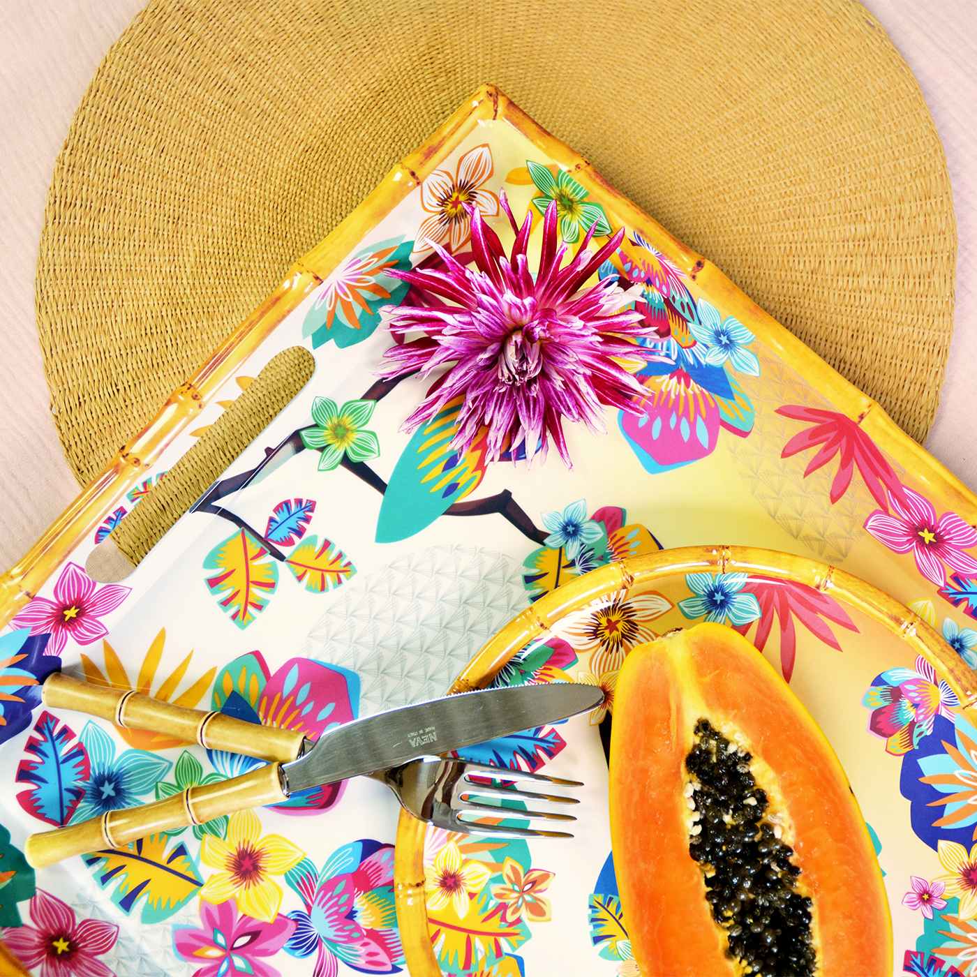Large melamine tray with handles - parrot design - 50 x 36 x 5 cm