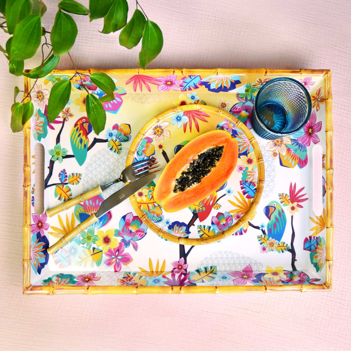 Large melamine tray with handles - parrot design - 50 x 36 x 5 cm