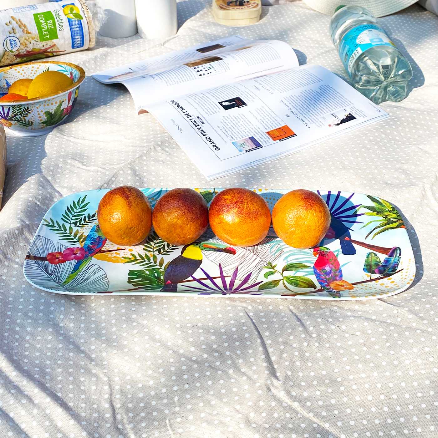 Large rectangular platter in melamine with toucans - 37,5 x 17 cm