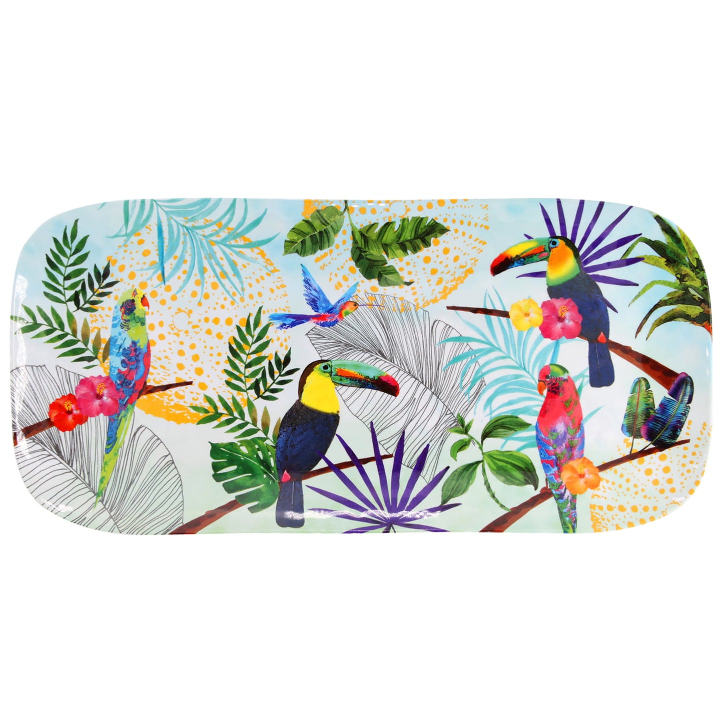 Large rectangular platter in melamine with toucans - 37,5 x 17 cm