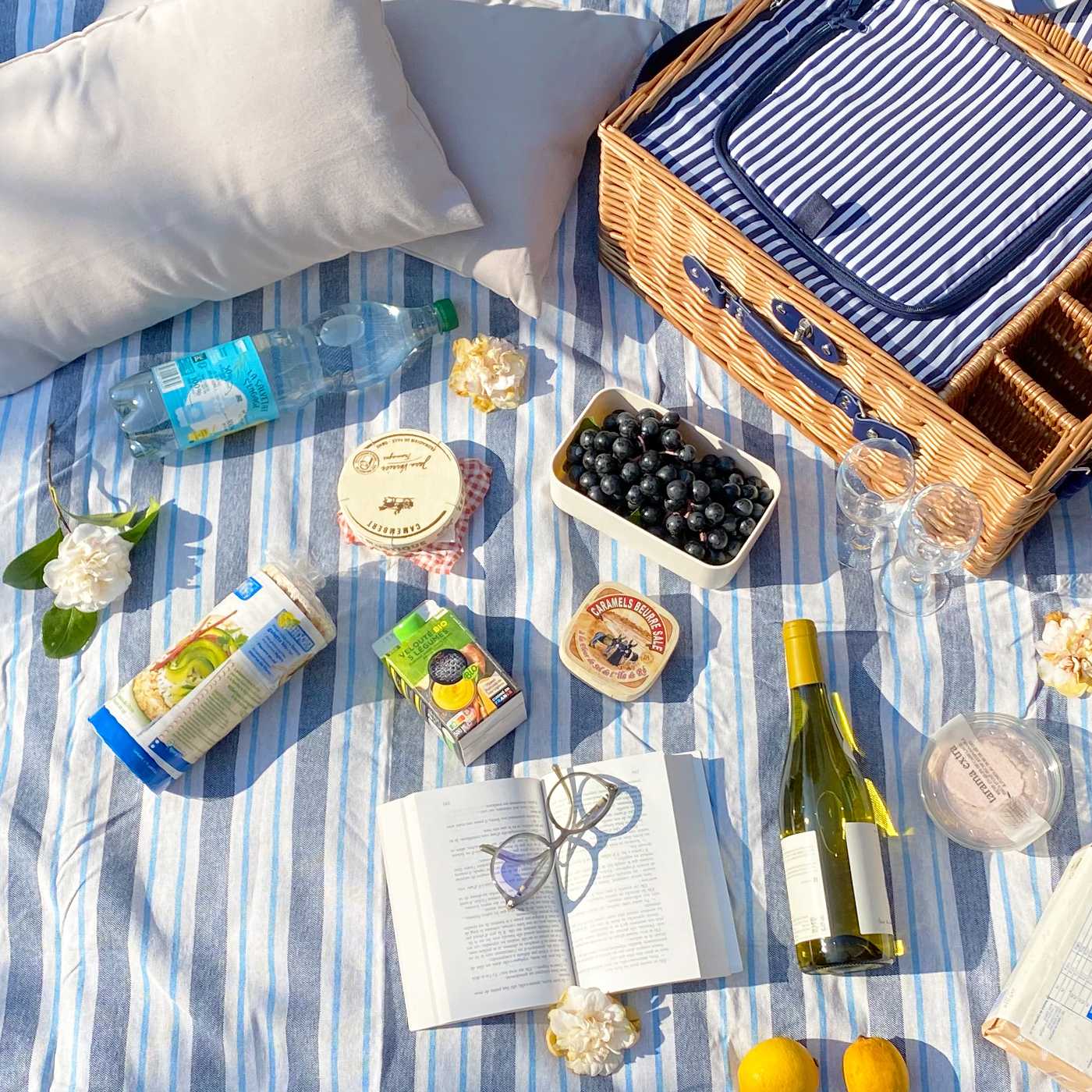 Waterproof picnic blanket blue and white stripes