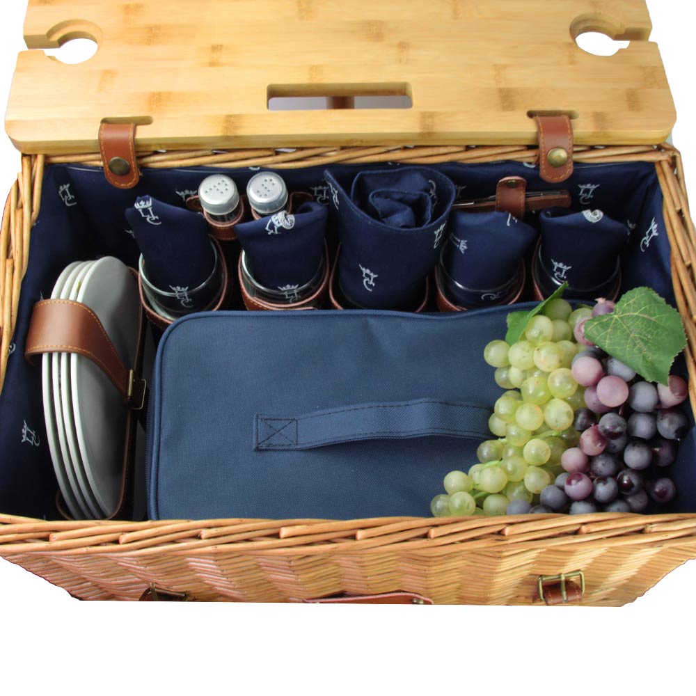 Leather picnic basket with table Saint-Honoré blue- 4 person