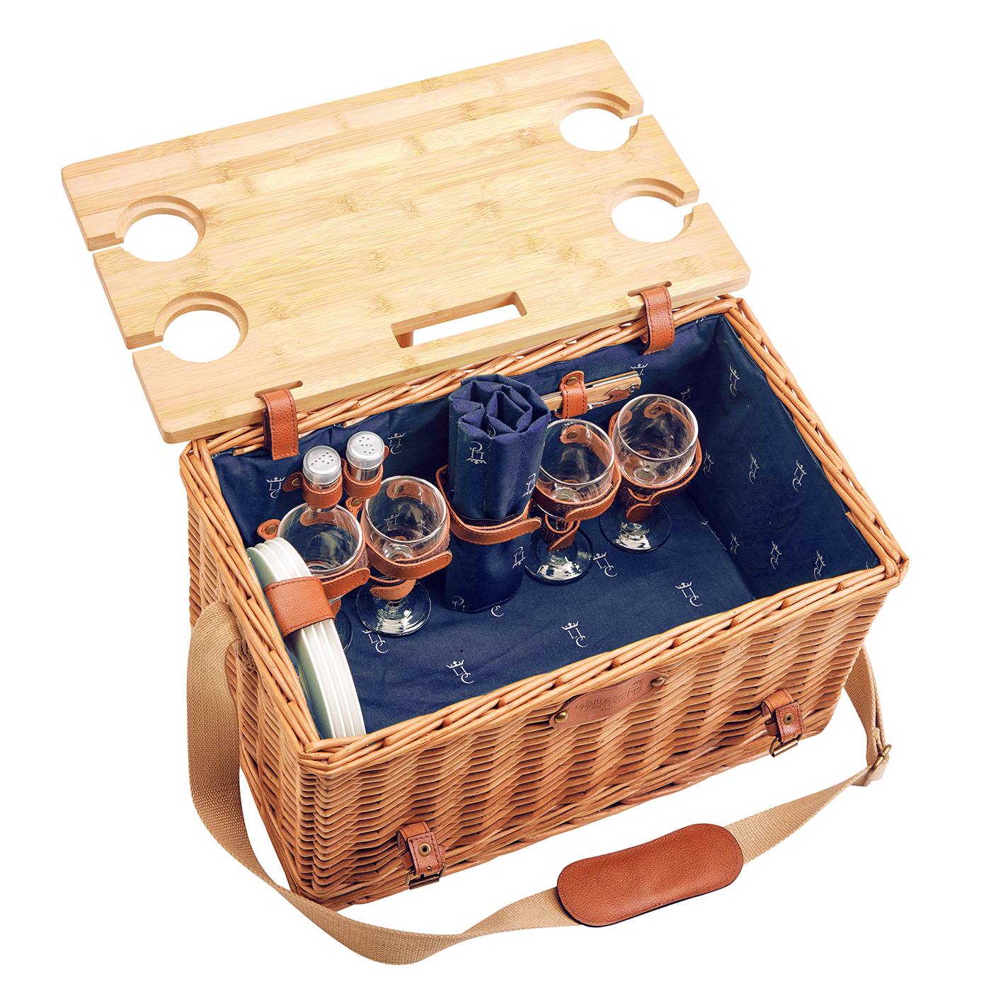 Leather picnic basket with table Saint-Honoré blue- 4 person