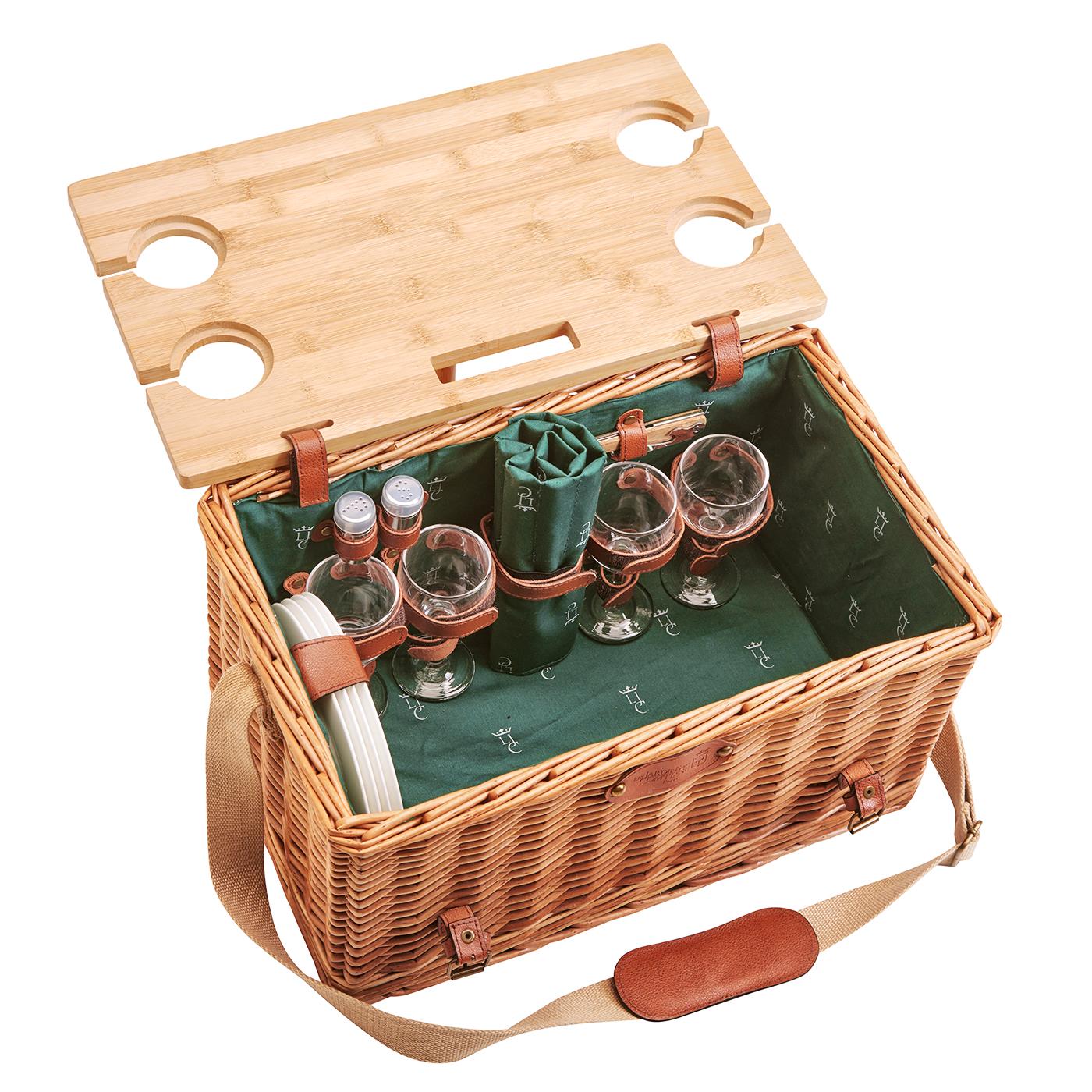 Leather picnic basket with table Saint-Honoré green - 4 person