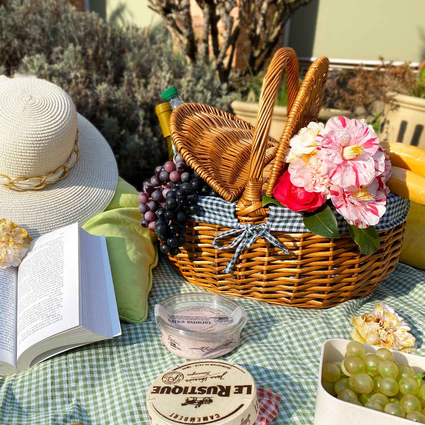 Wicker basket Campagne - Green gingham