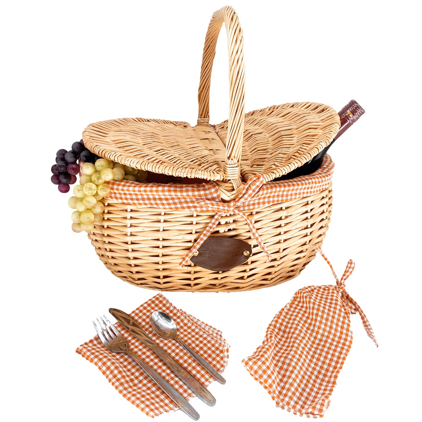 Wicker basket Campagne with cutlery and doily - Orange gingham