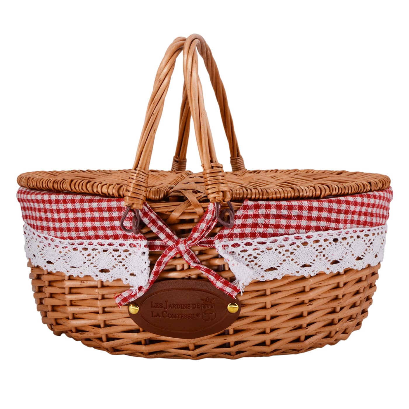 Wicker Basket with Lace Fabric Red Gingham