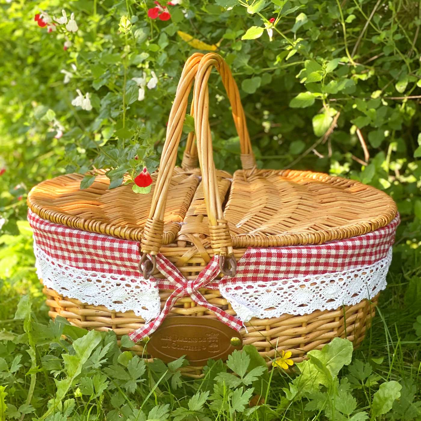 Wicker Basket with Lace Fabric Red Gingham
