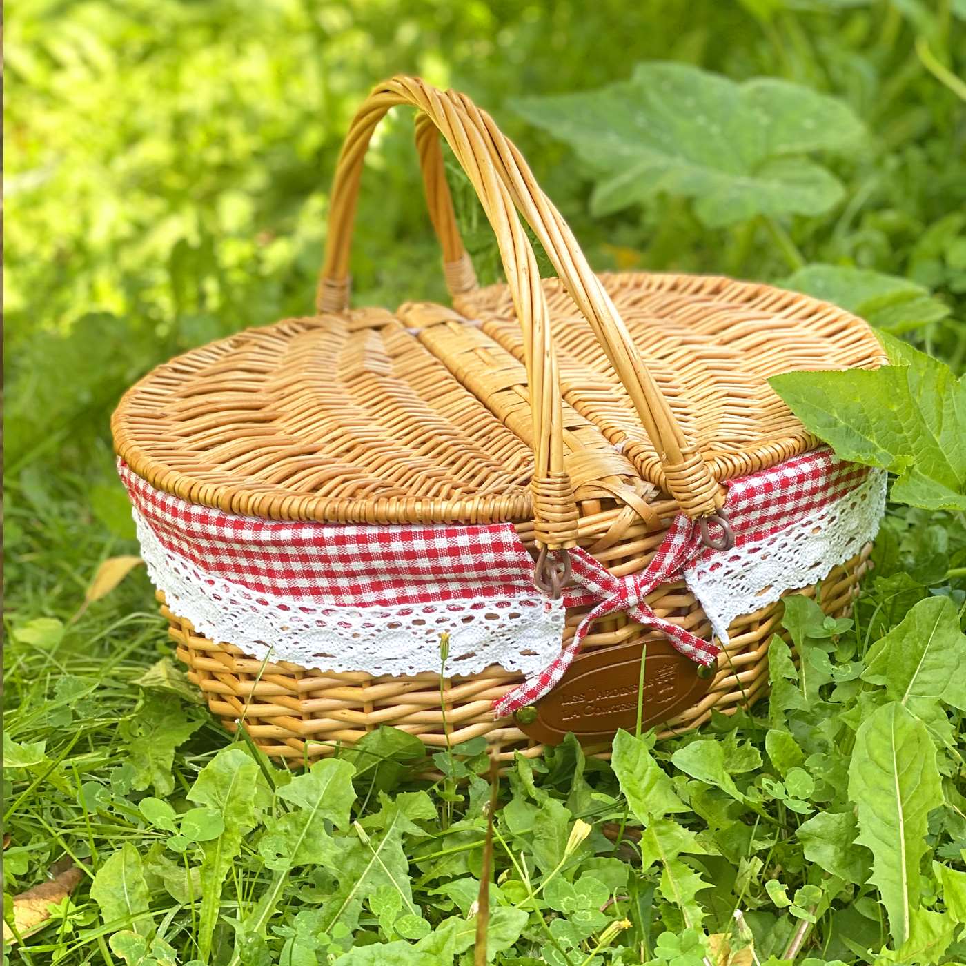 Wicker Basket with Lace Fabric Red Gingham