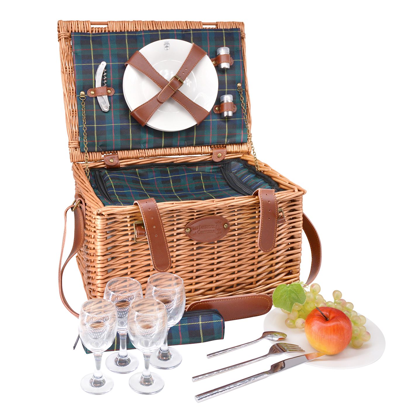 Leather picnic basket Trianon green - 4 person