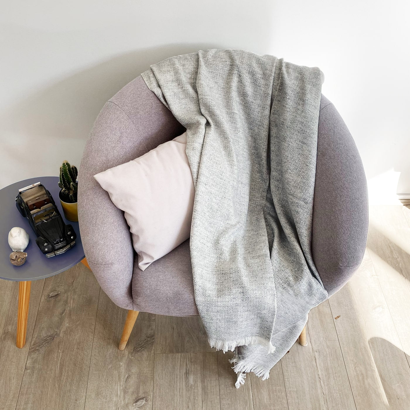 Throw in cashmere and wool - Mouse grey diamond pattern - 130 x 230 cm