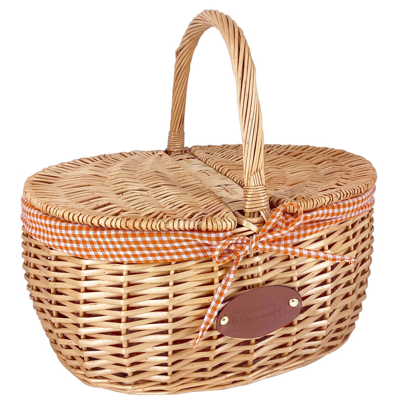 Wicker basket Campagne with cutlery and doily - Orange gingham