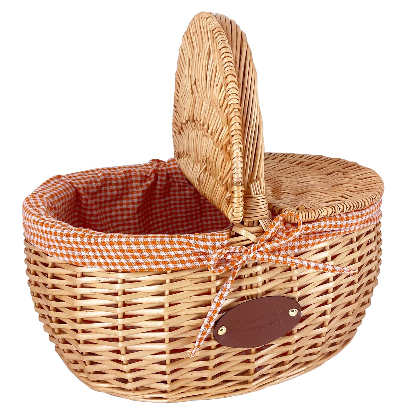 Wicker basket Campagne with cutlery and doily - Orange gingham