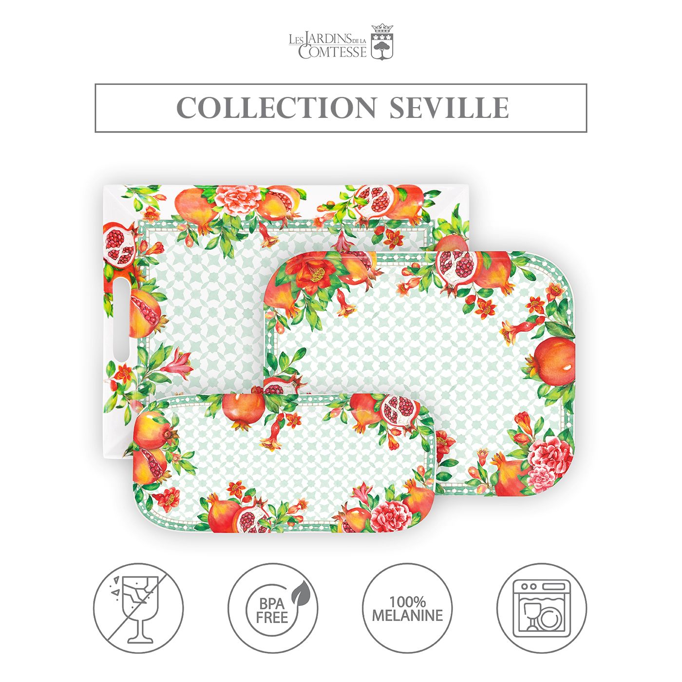Small Rectangular Presentation Tray Melamine Pomegranate - 33 x 26 cm