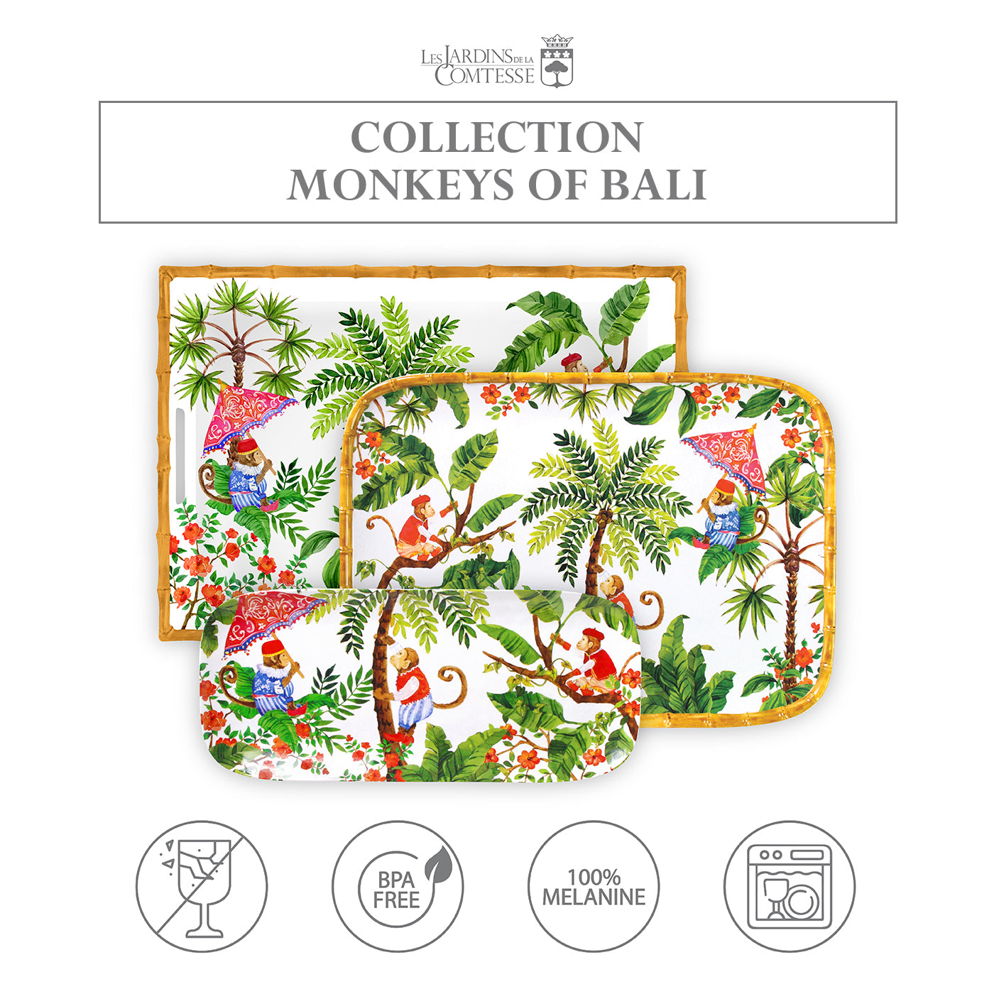 Large melamine tray with handles - monkey design - 50 x 36 x 5 cm