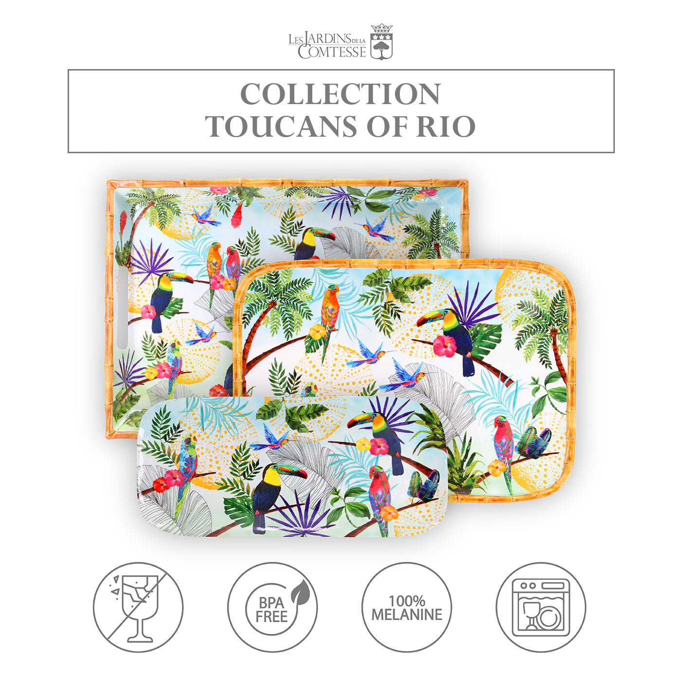 Rectangular tray in melamine with toucans - 45 x 32 cm
