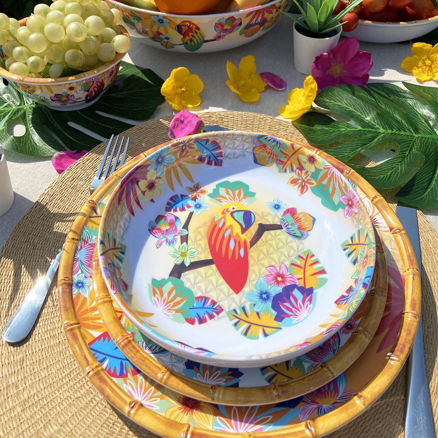 Soup / pasta plate in melamine with parrots - Ø 20 cm