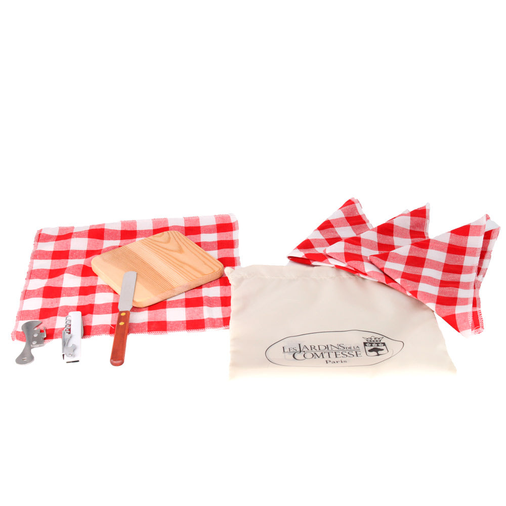 4 small red and white towels and other accessories