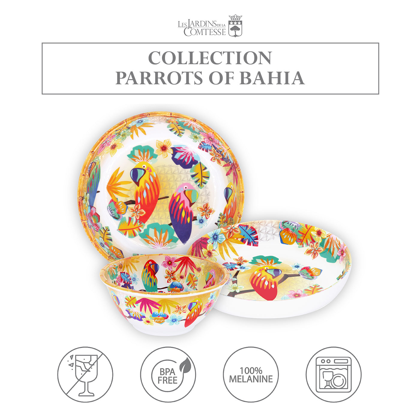 Soup / pasta plate in melamine with parrots - Ø 20 cm