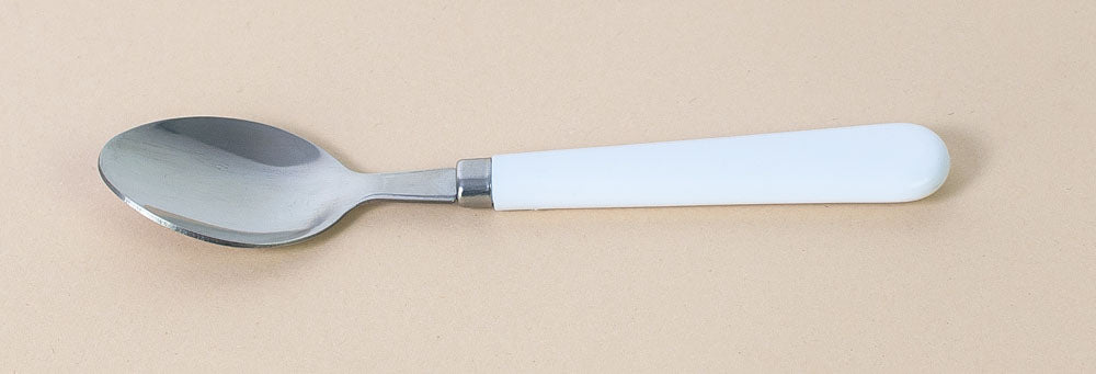 Thin stainless steel spoon, white melamine sleeve