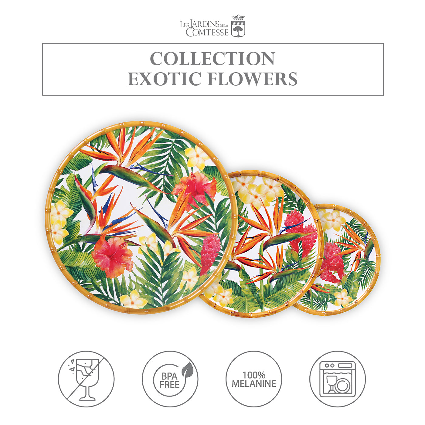 Large dinner plate in melamine with exotic flowers - Ø 28 cm