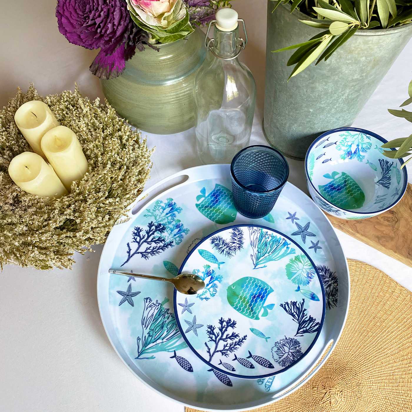 Round tray with handles in melamine with sea design - Ø 36 cm