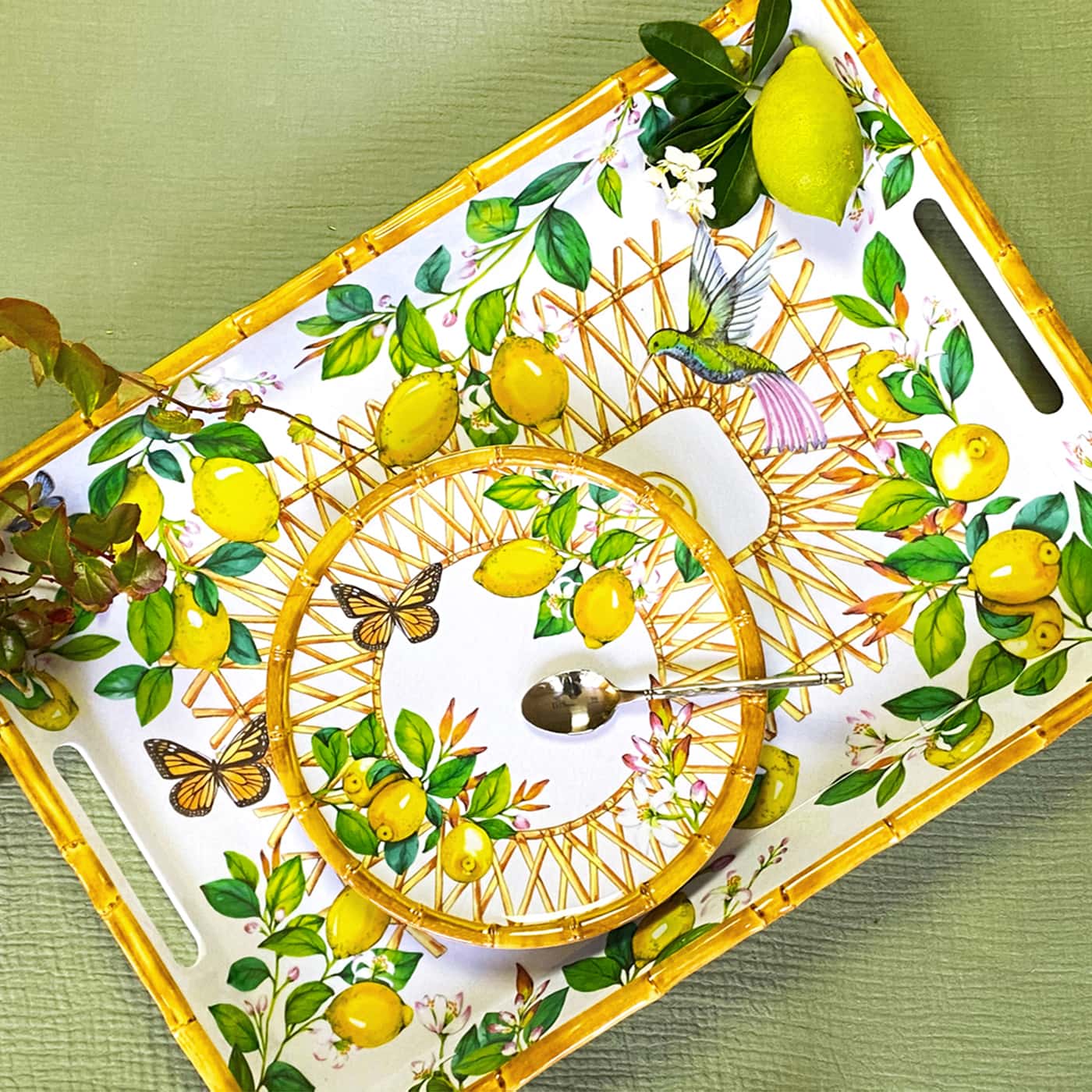Large melamine tray with handles - lemon design - 50 x 36 x 5 cm